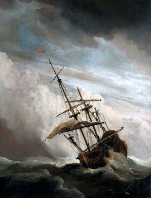 A ship taking on water in a raging storm