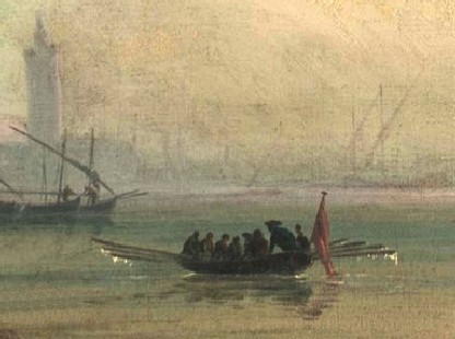 Rowing men toward Shore