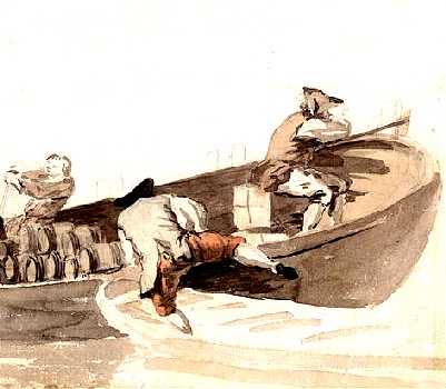Men loading a boat with barrels