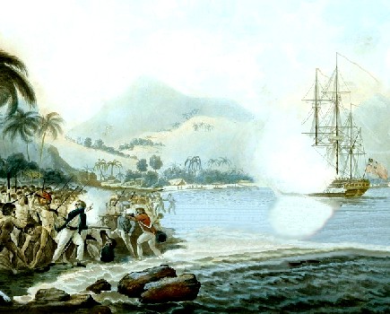 Men Fighting on Shore as Ship Fires