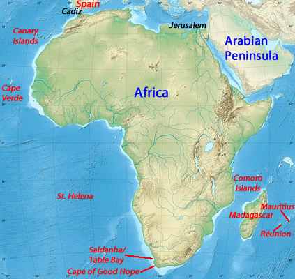 East Indies Route Around Africa Water Stops